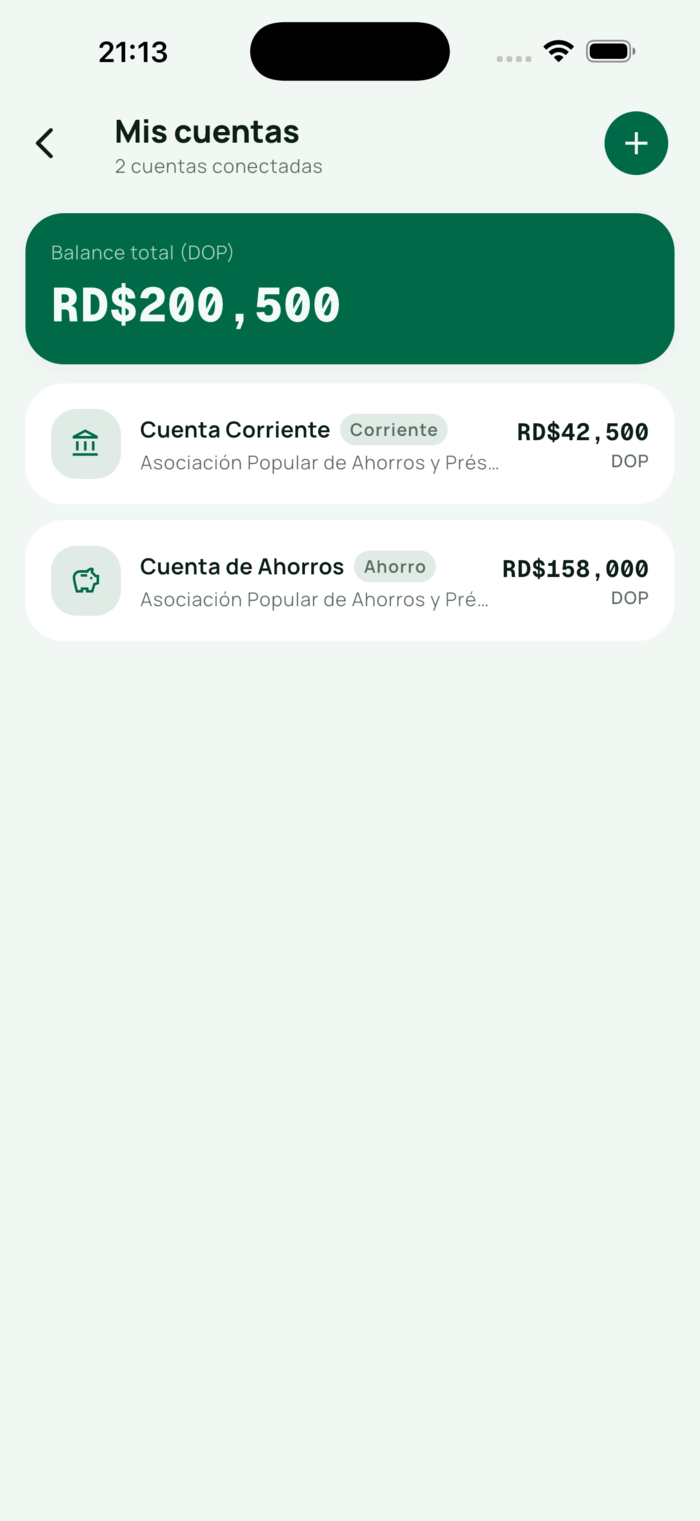Pantalla de cuentas bancarias conectadas