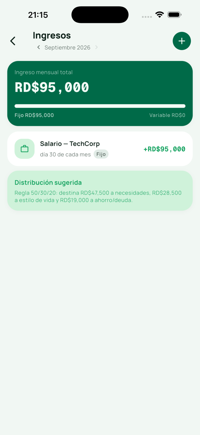 Pantalla de ingresos con distribución sugerida 50/30/20